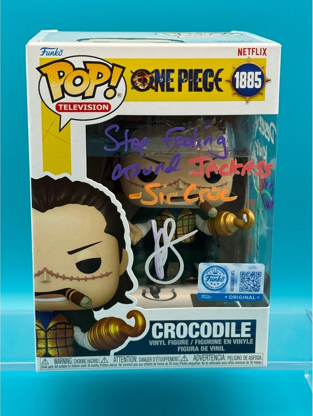 John Swasey signed Sir Crocodile One piece Funko with quote and doodles MAS COA
